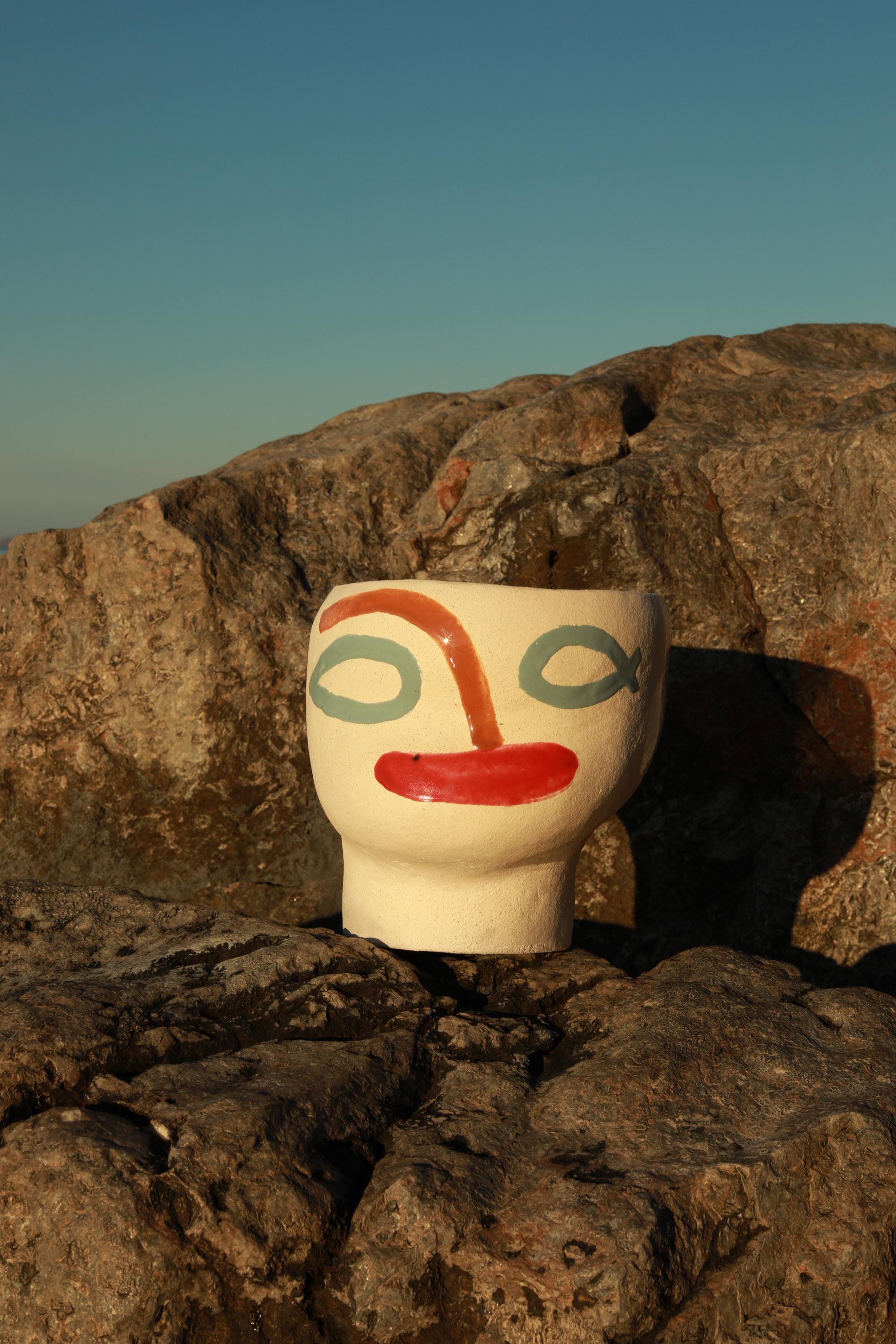Contemporary Colored Head Ceramic Vessel For Sale