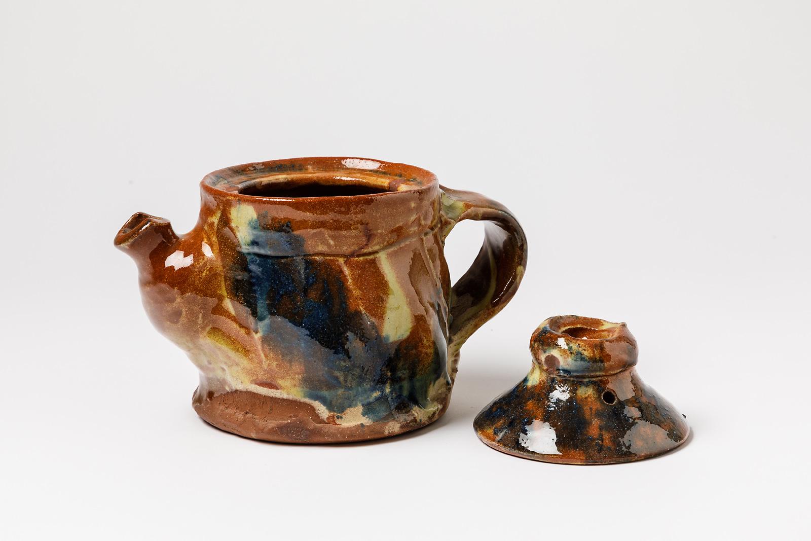 20th Century Colored Orange and Blue Abstract Ceramic Tea Pot by Josette Miquel La Borne