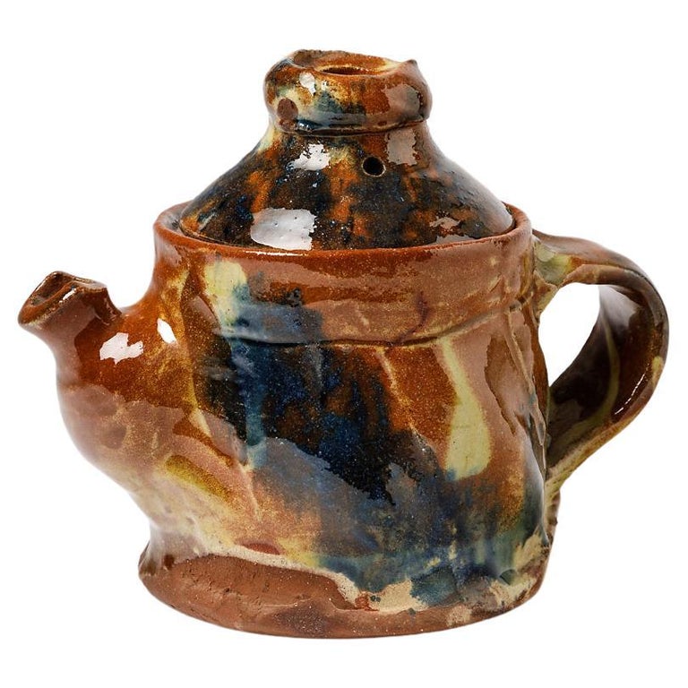 Colored Orange and Blue Abstract Ceramic Tea Pot by Josette Miquel La Borne For Sale