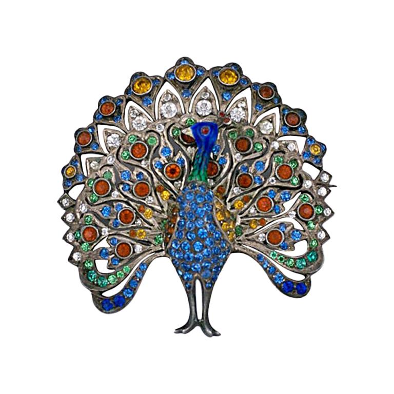 Colored Paste and Enamel Strutting Peacock Brooch, 1900 For Sale