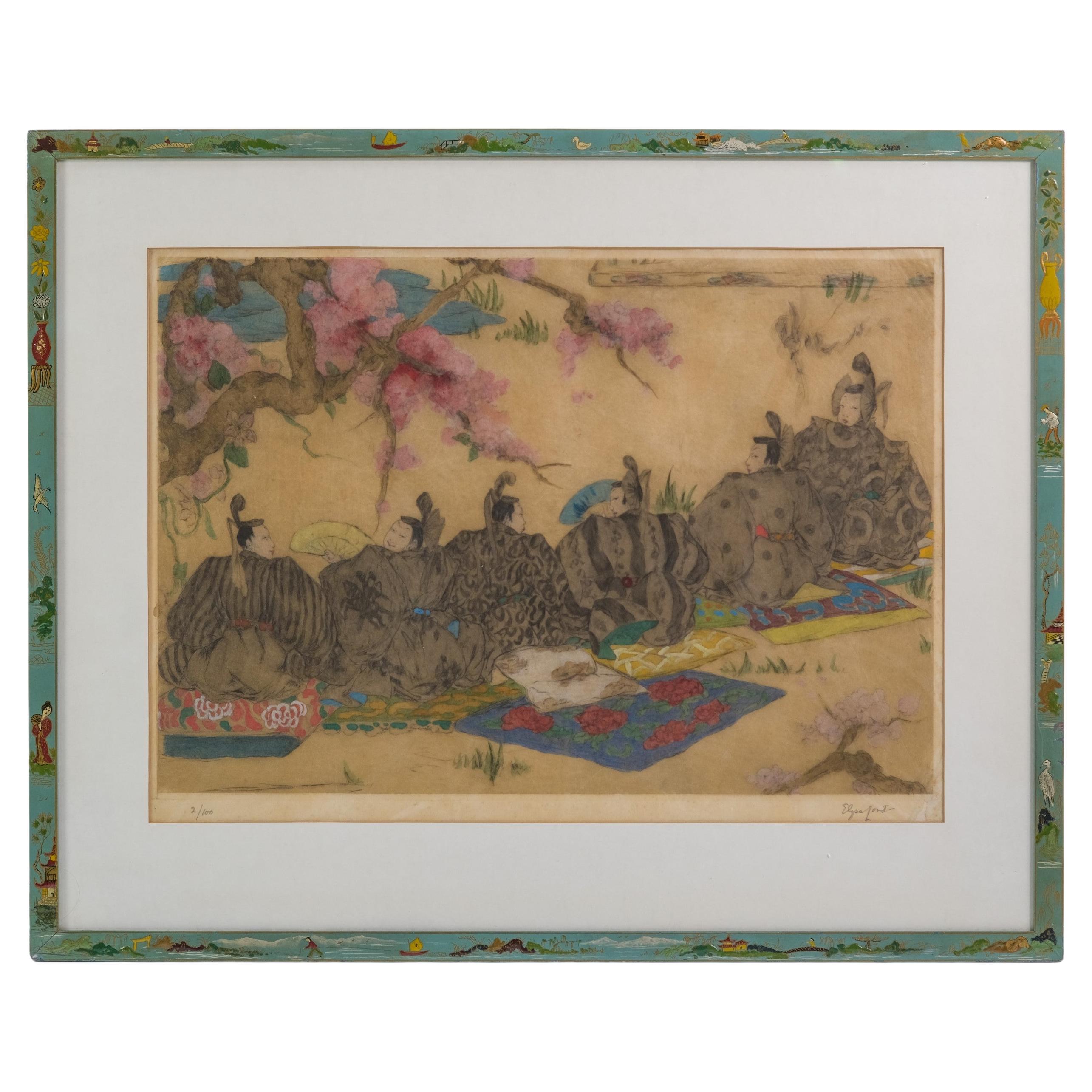 Colored Print Proof Asian Garden Signed Artist Elyse Lord For Sale