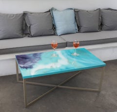 Contemporary Resin Coffee Table "Turquoise Mood" on Satin Steel Base