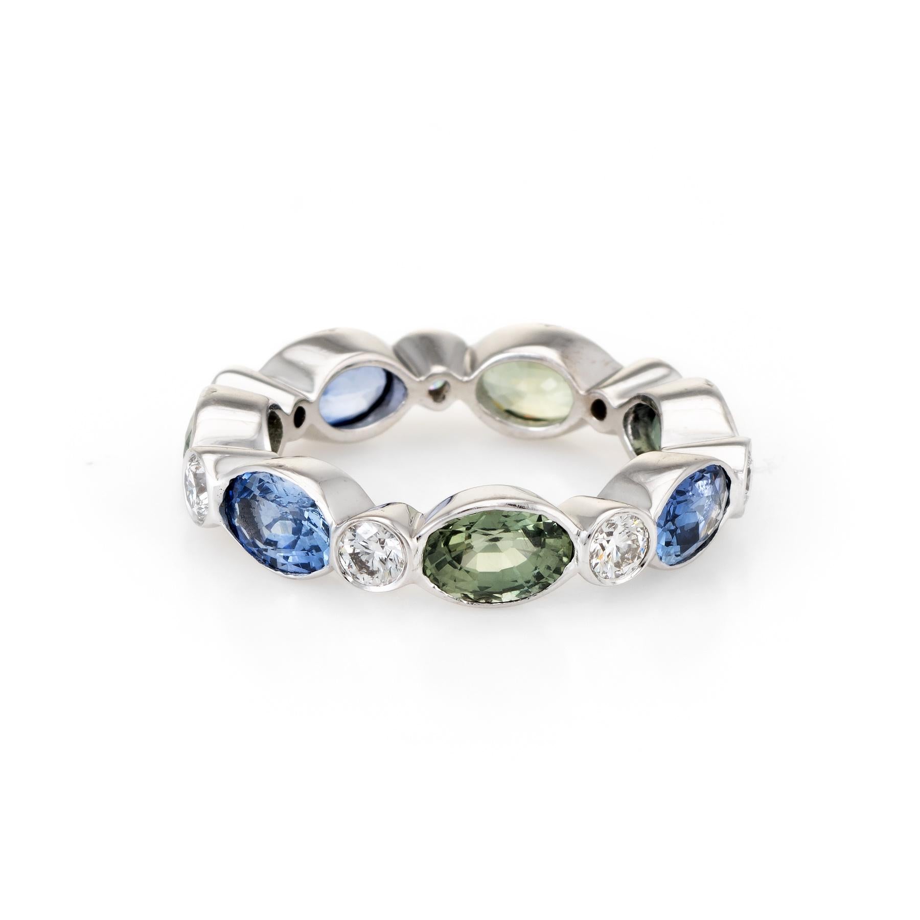 Modern Colored Sapphire Diamond Eternity Ring Vintage 18 Karat White Gold Jewelry