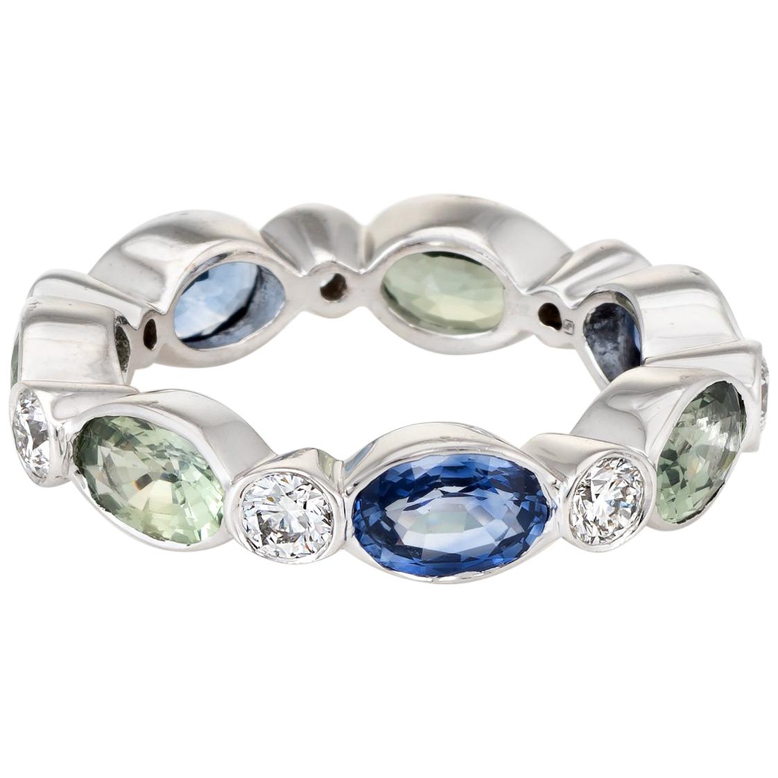 Colored Sapphire Diamond Eternity Ring Vintage 18 Karat White Gold Jewelry
