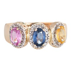 Colored Sapphire Diamond Ring Estate 14 Karat Gold Rainbow Oval Trilogy Vintage