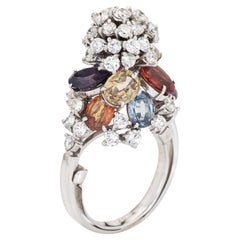 Colored Sapphire Diamond Snow Cone Ring Retro 18k White Gold Cocktail Jewelry