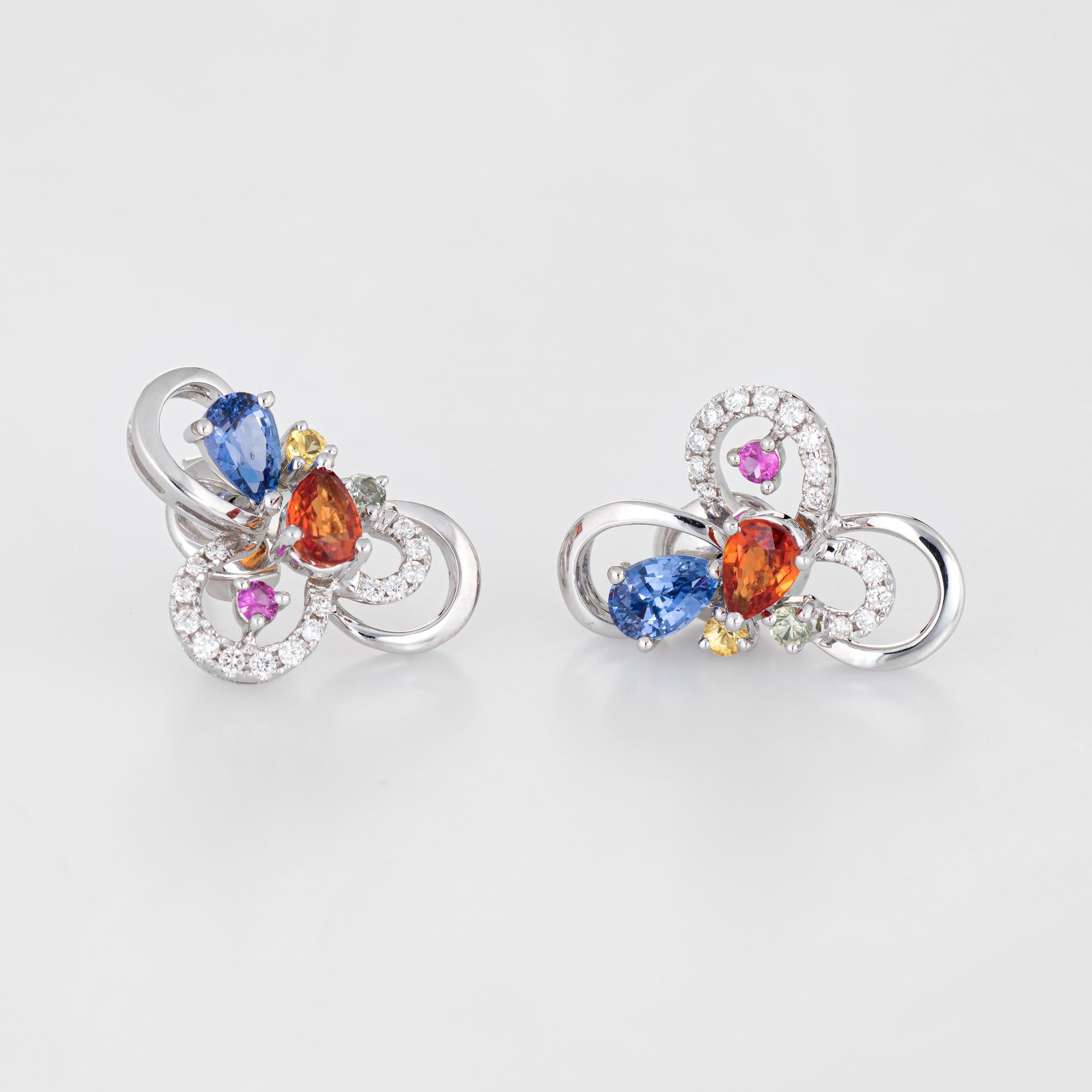 Modern Colored Sapphire Earrings Estate 18 Karat Gold Diamond Flower Cluster Studs For Sale