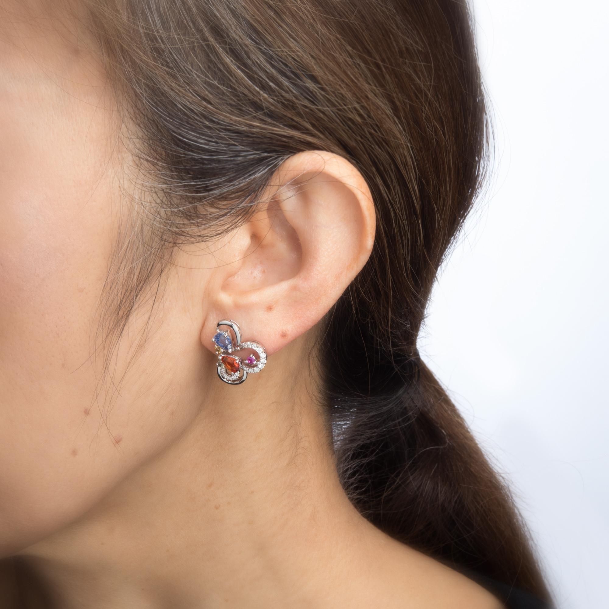 Pear Cut Colored Sapphire Earrings Estate 18 Karat Gold Diamond Flower Cluster Studs For Sale