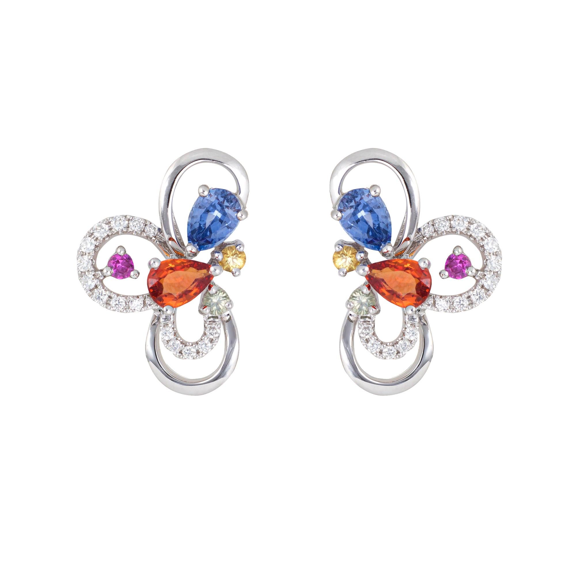 Colored Sapphire Earrings Estate 18 Karat Gold Diamond Flower Cluster Studs For Sale