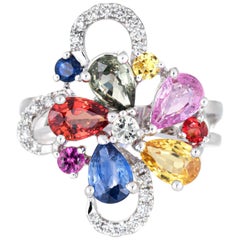 Vintage Colored Sapphire Ring Diamond Flower Cocktail Jewelry 18k Gold Estate Cluster