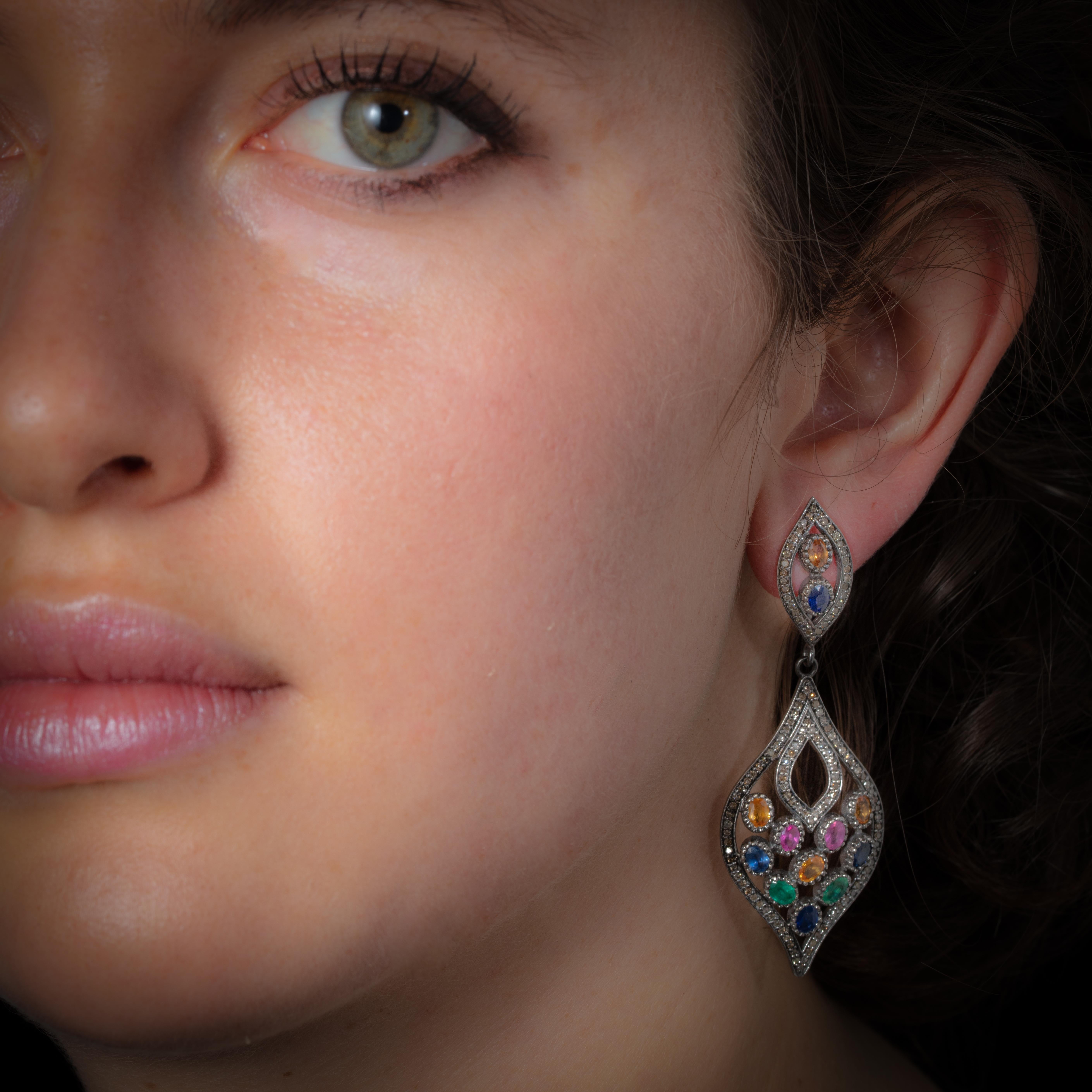 Colored Sapphires and Pavé Set Diamond Dangle Earrings In New Condition For Sale In Nantucket, MA
