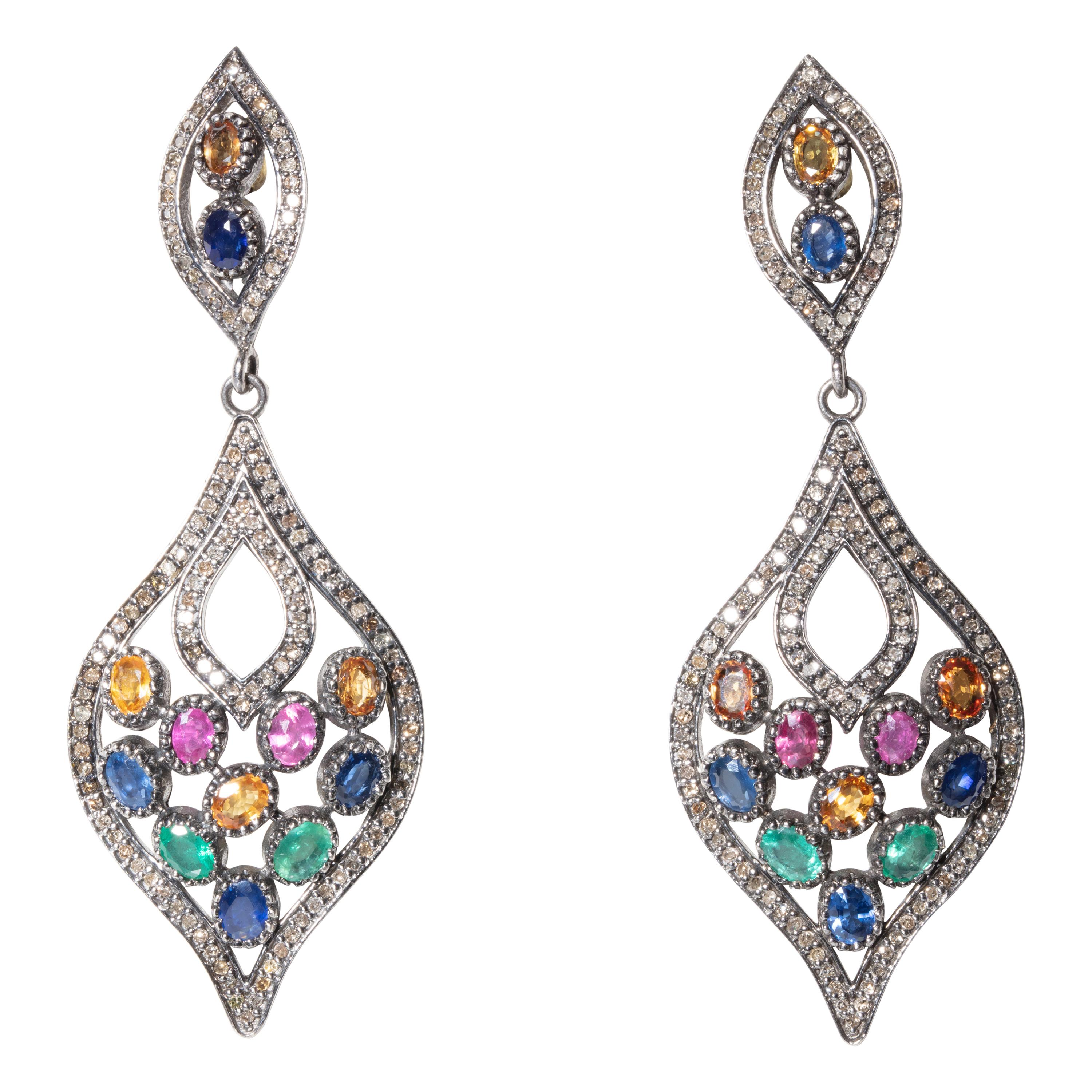 Colored Sapphires and Pavé Set Diamond Dangle Earrings For Sale