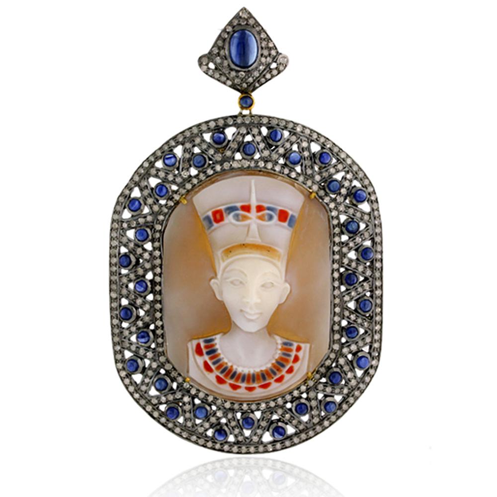 Art Deco Colored Shell Cameo Pendant with Diamonds and Blue Sapphire For Sale