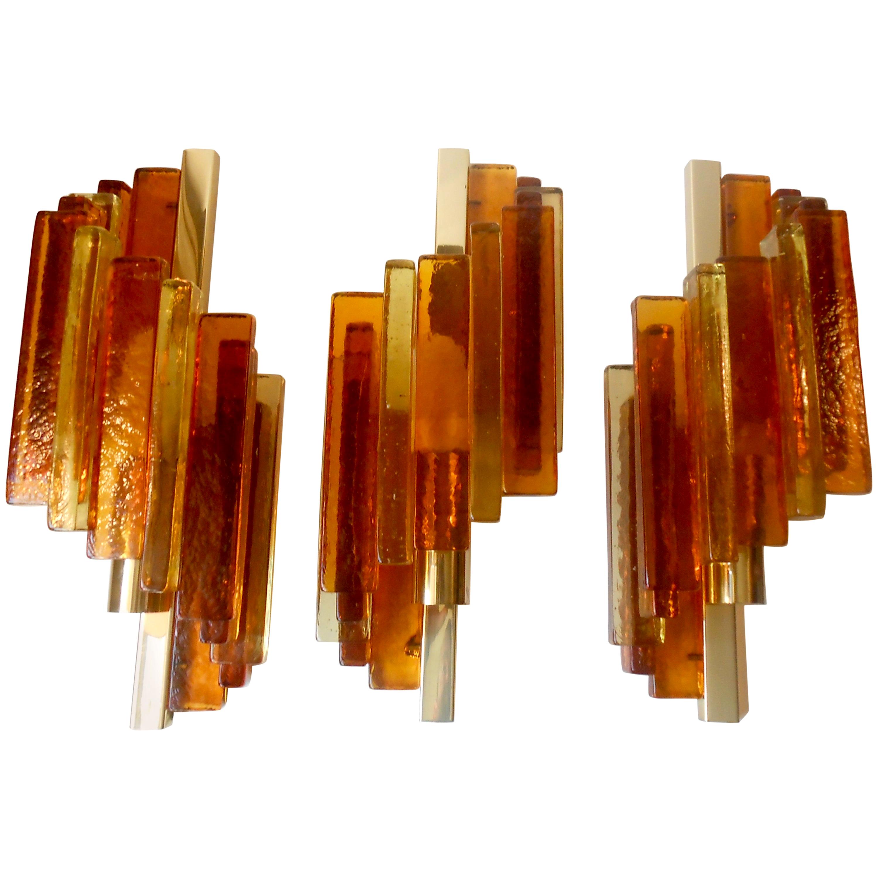 Colored Stacked Glass and Gilt Wall Sconces by Svend Aage Holm Sørensen