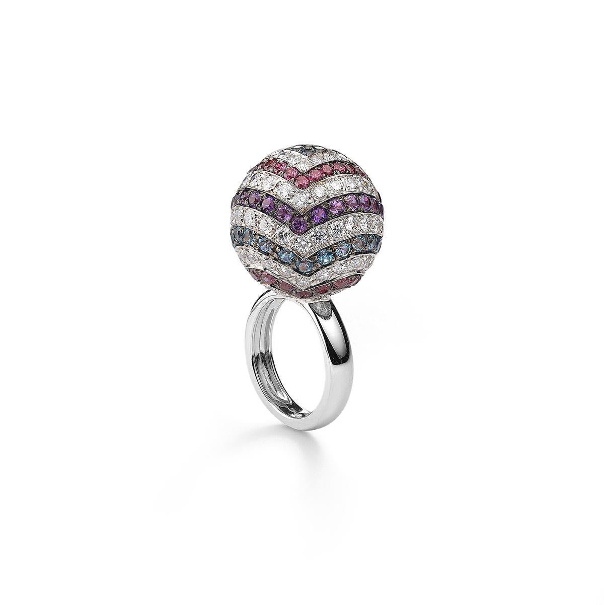 Ring in 18kt white gold set with 93 diamonds 4.79 cts and 92 colored  stones 4.80 cts Size 54