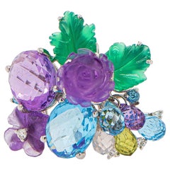 Colored Stones Flower Ring Topaz Amethyst Diamonds 18K White Gold Colored Stones Flower Ring Topaz Amethyst Diamonds 18K White Gold