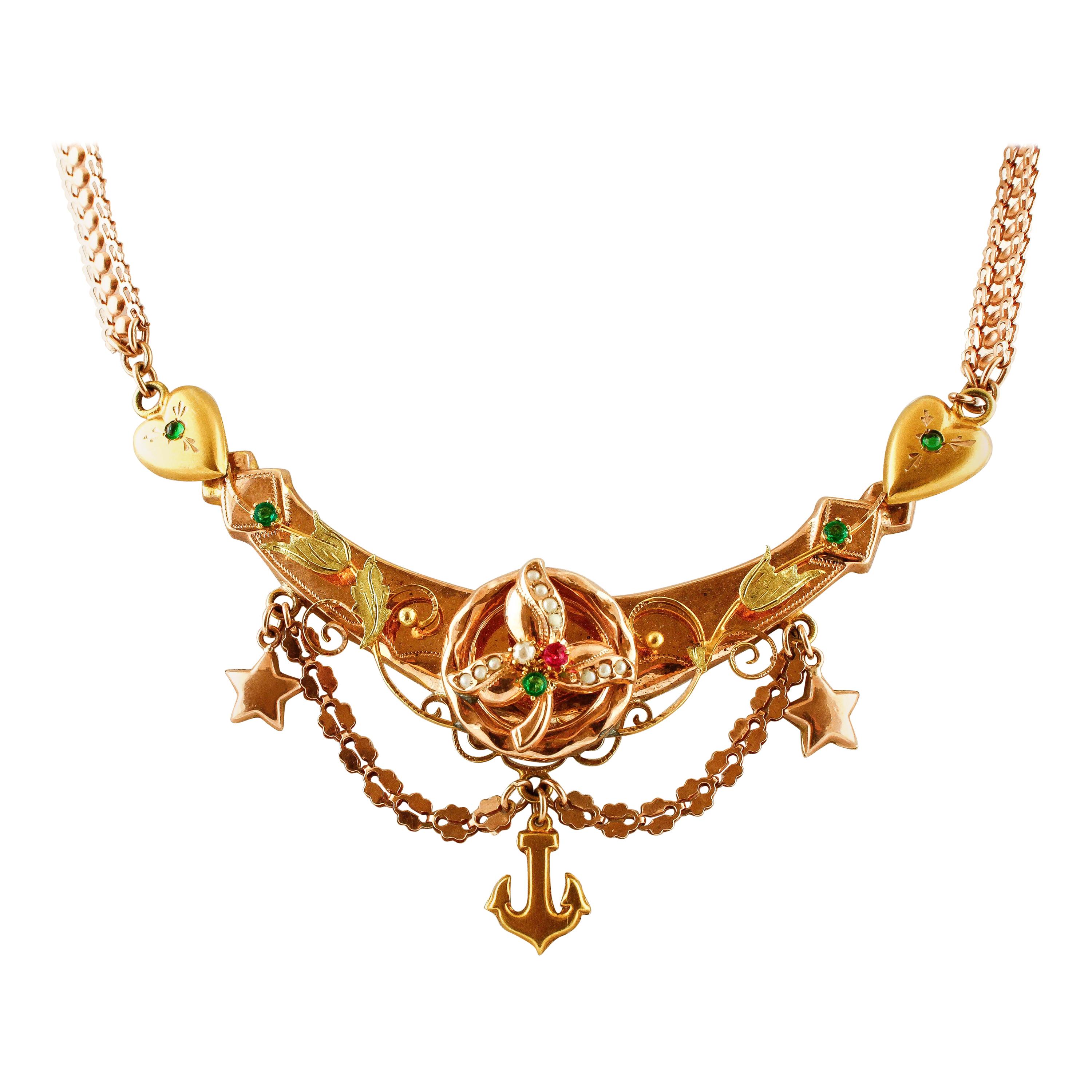 Colored Stones, Little Pearls, 9 Karat Rose Gold Very Old Retrò Necklace For Sale