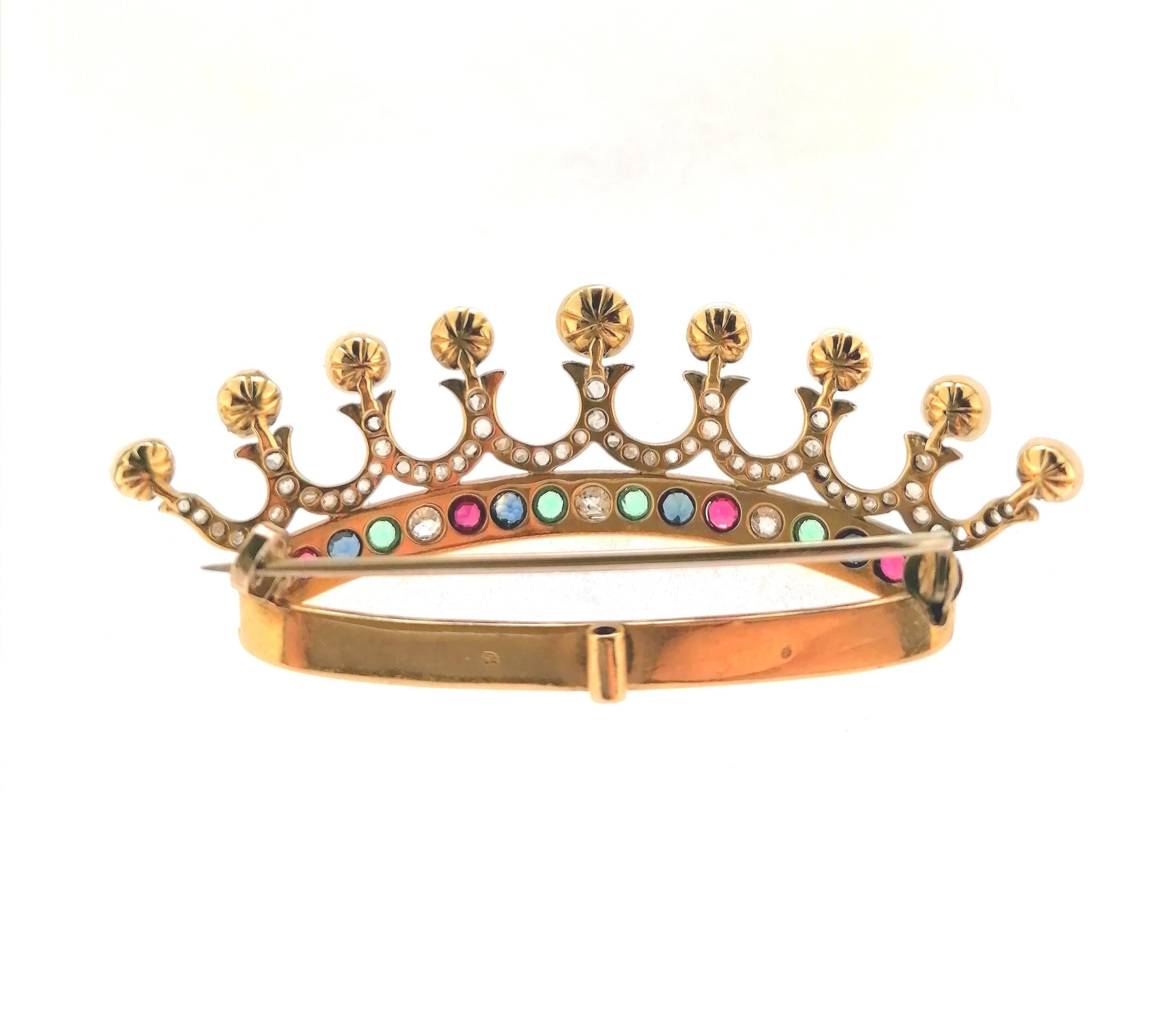 Colored Stones Natural Pearls Rose Cut Diamonds 18k Yellow Gold Crown Brooch In Good Condition For Sale In SEVILLA, ES