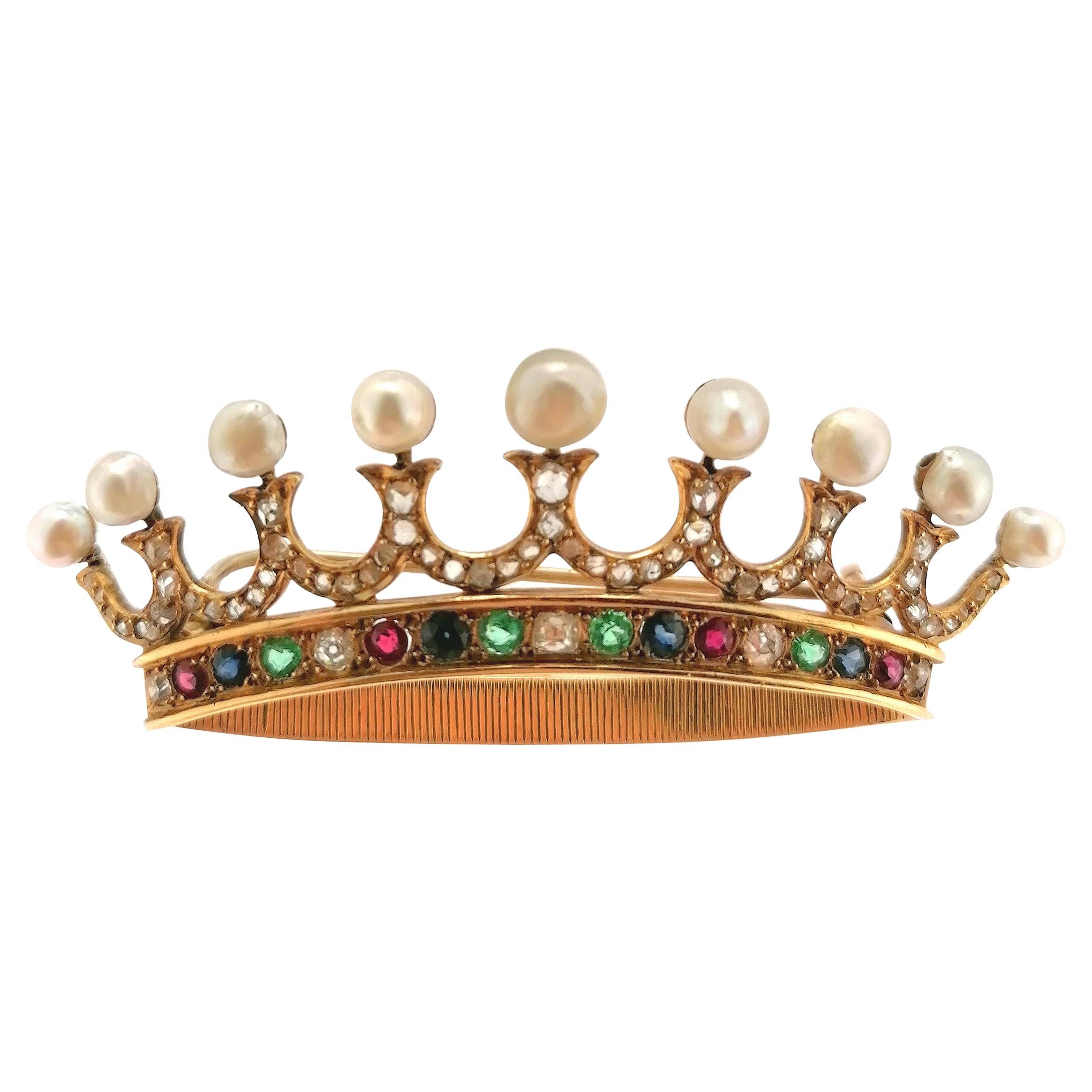 Colored Stones Natural Pearls Rose Cut Diamonds 18k Yellow Gold Crown Brooch For Sale