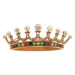 Colored Stones Natural Pearls Rose Cut Diamonds 18k Yellow Gold Crown Brooch