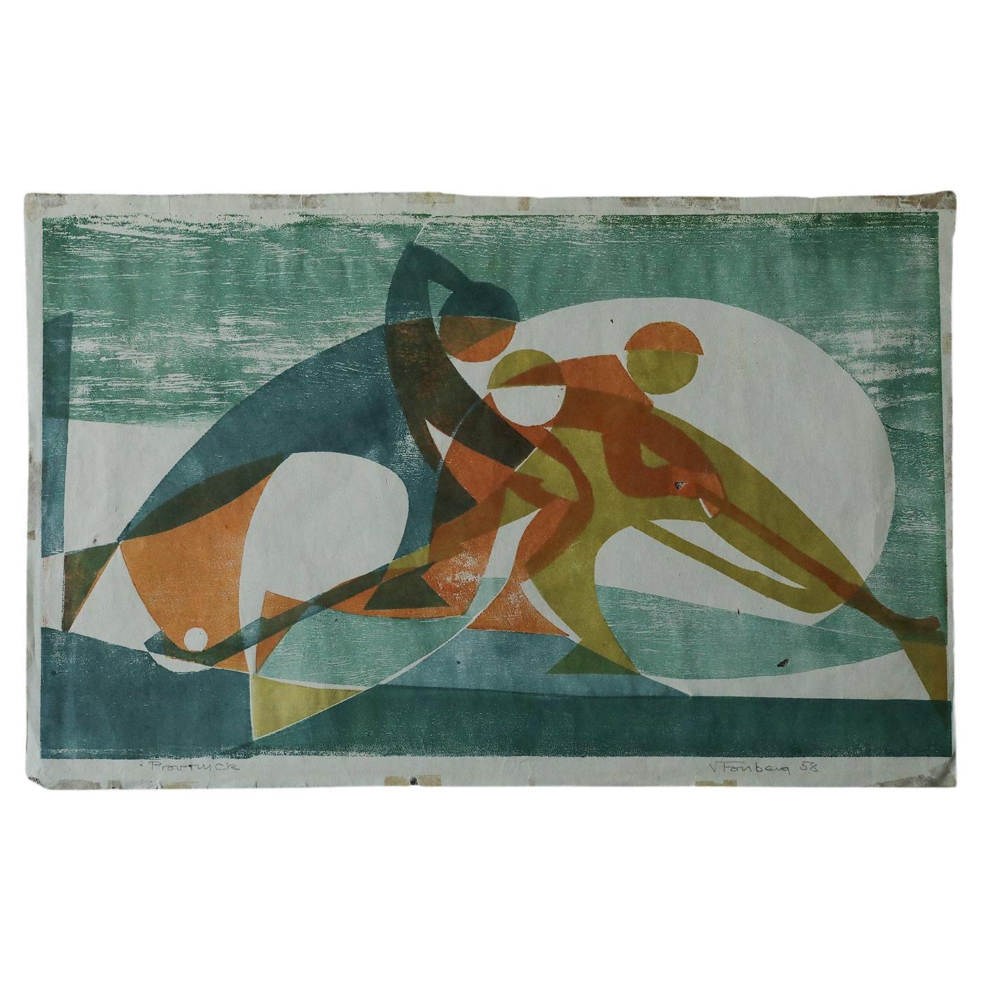 Colored woodcut by Viking Forsberg, 1958 For Sale