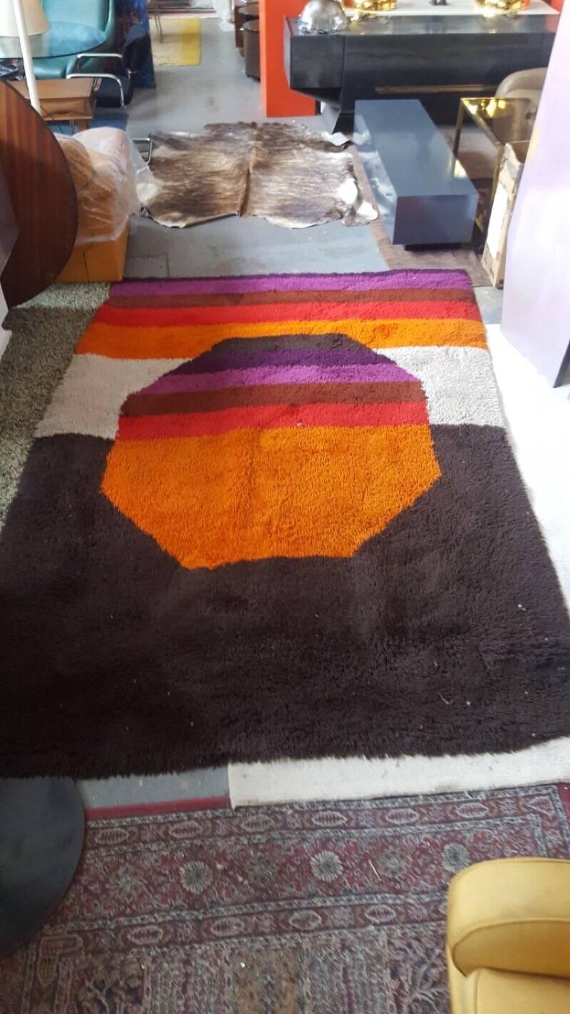 Big colored brown, orange, white and purple wool carpet, very decorative, Italy, circa 1970.
