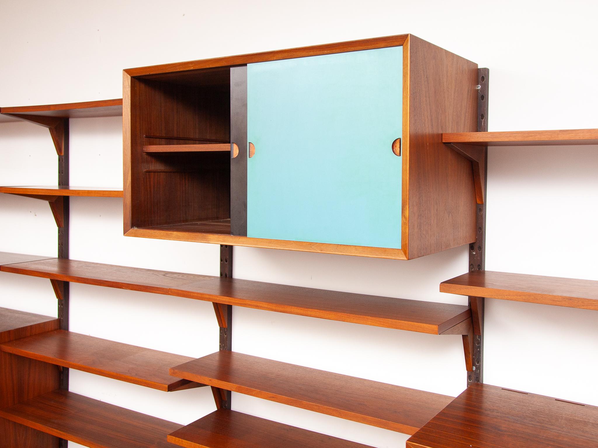 Danish Colored Yellow, Blue and Teak Modular Wall Bookcase by Hansen & Guldborg Denmark