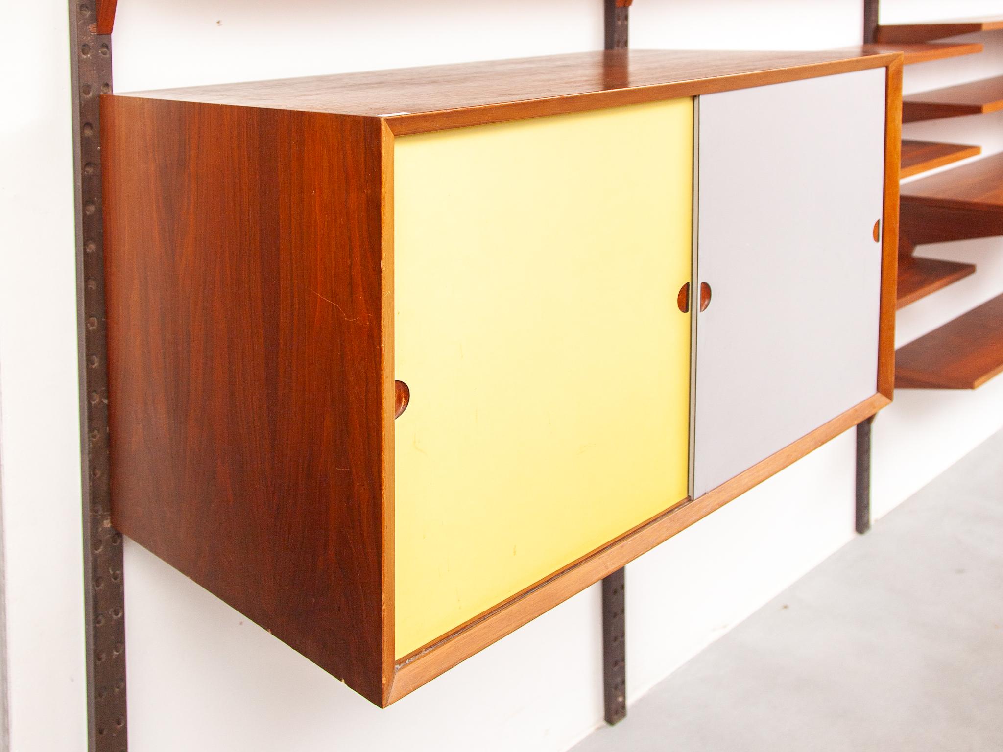 Colored Yellow, Blue and Teak Modular Wall Bookcase by Hansen & Guldborg Denmark For Sale 1