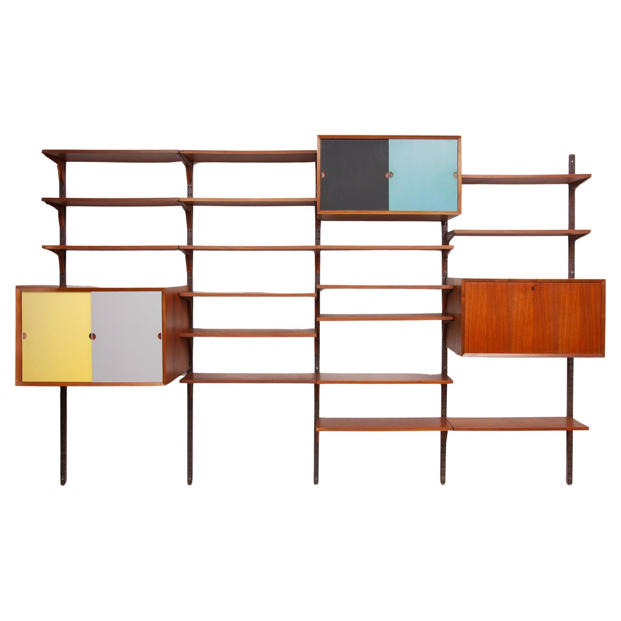 Colored Yellow, Blue and Teak Modular Wall Bookcase by Hansen & Guldborg Denmark For Sale