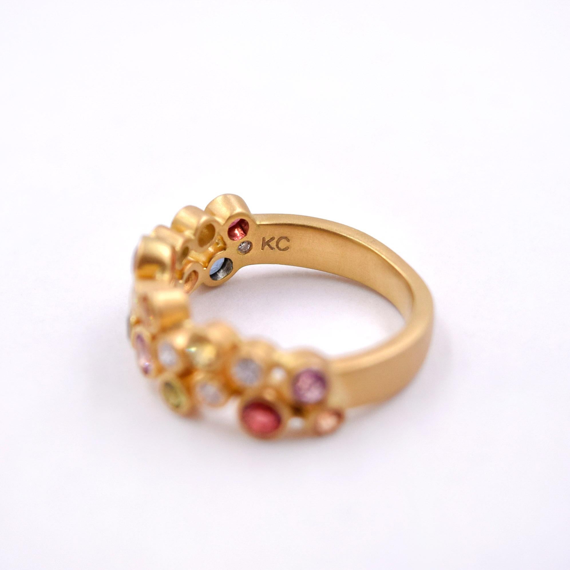 Round Cut Colorful 0.54 Carat Sapphire and 0.17 Carat Diamond Cluster Band in 18K Gold For Sale