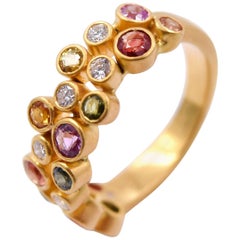 Colorful 0.54 Carat Sapphire and 0.17 Carat Diamond Cluster Band in 18K Gold