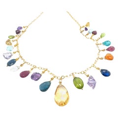 Colorful 14K Yellow Gold Multi-Gemstone Briolette Dangle Necklace