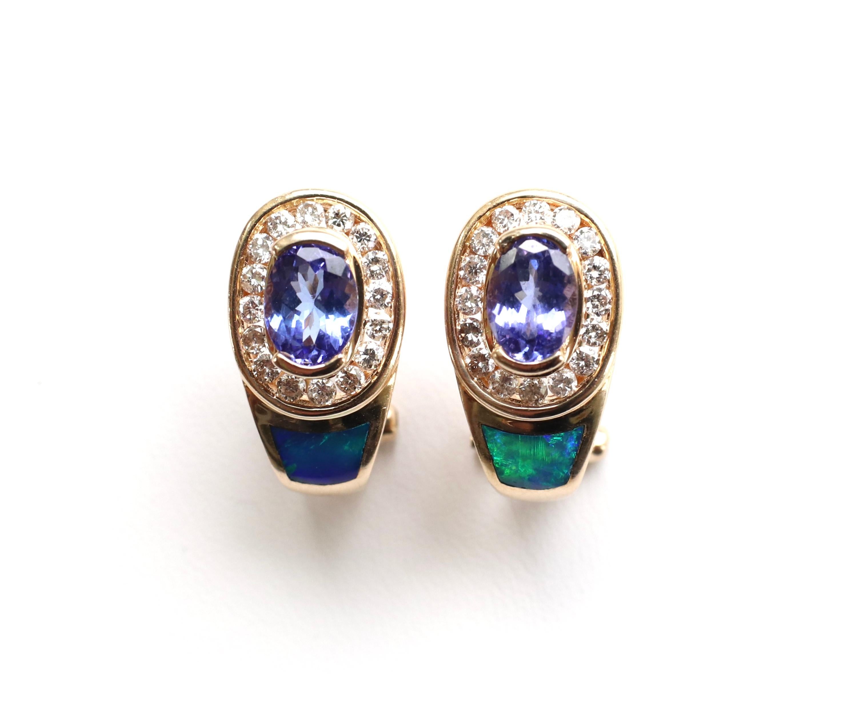 Colorful 14 Karat Yellow Gold Tanzanite, Opal and Diamond Earrings 8