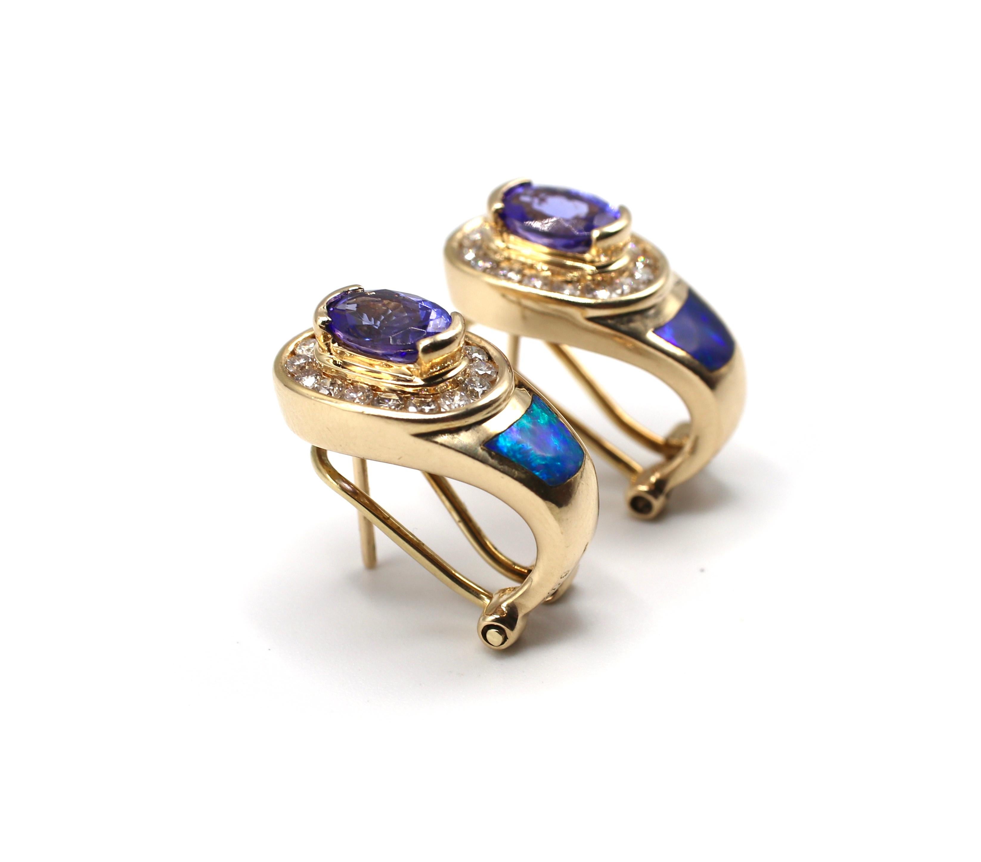 Colorful 14 Karat Yellow Gold Tanzanite, Opal and Diamond Earrings In Good Condition In  Baltimore, MD