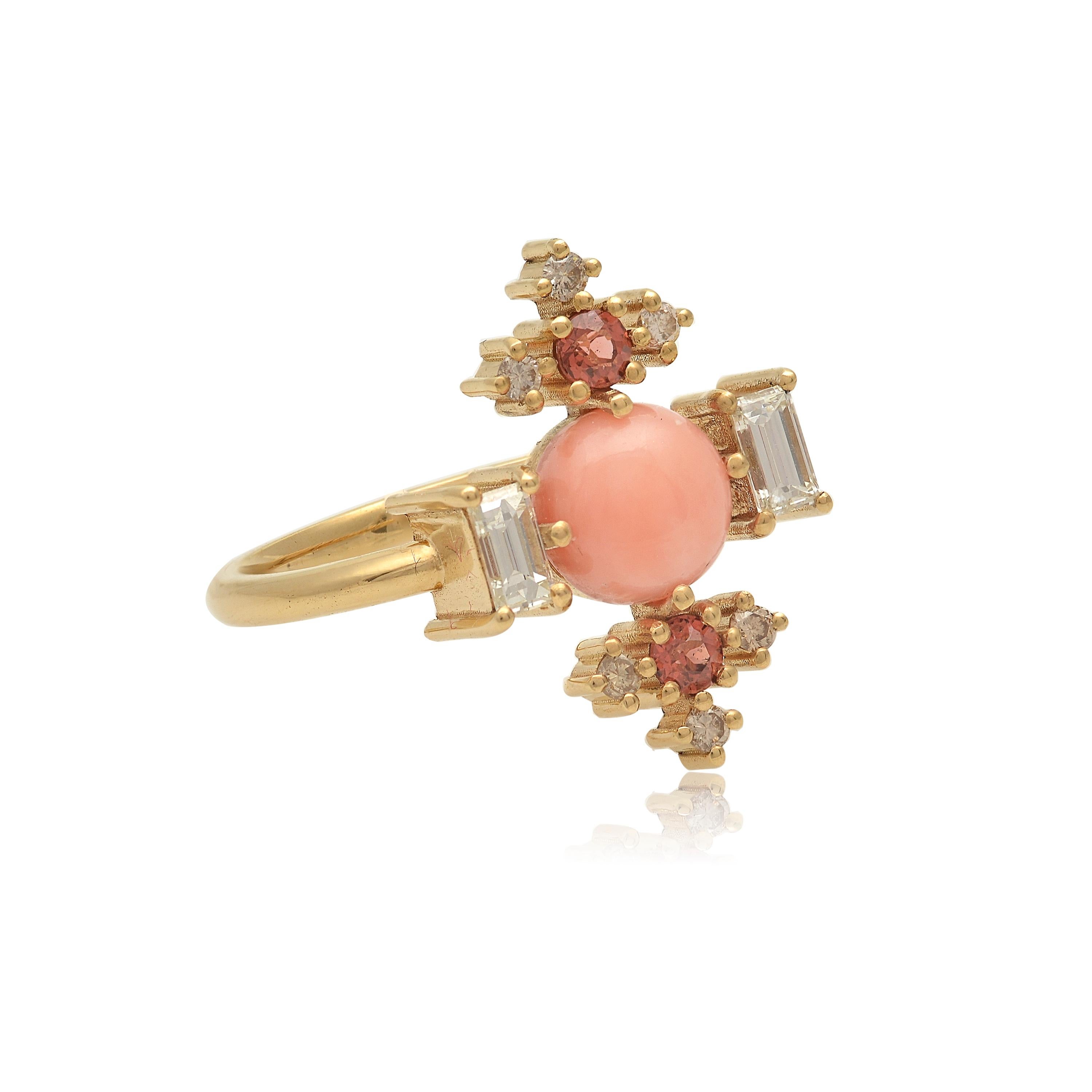 Cabochon Colorful 18 Karat Gold Ring with Diamonds, Garnets and Coral