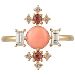 Colorful 18 Karat Gold Ring with Diamonds, Garnets and Coral