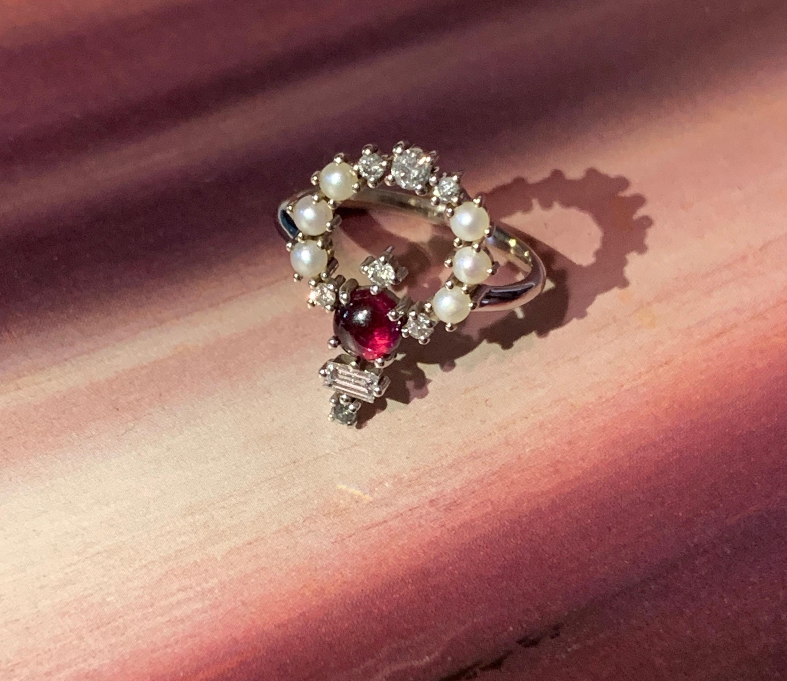 Women's Colorful 18 Karat Gold Ring with Diamonds, Garnets, Pearls