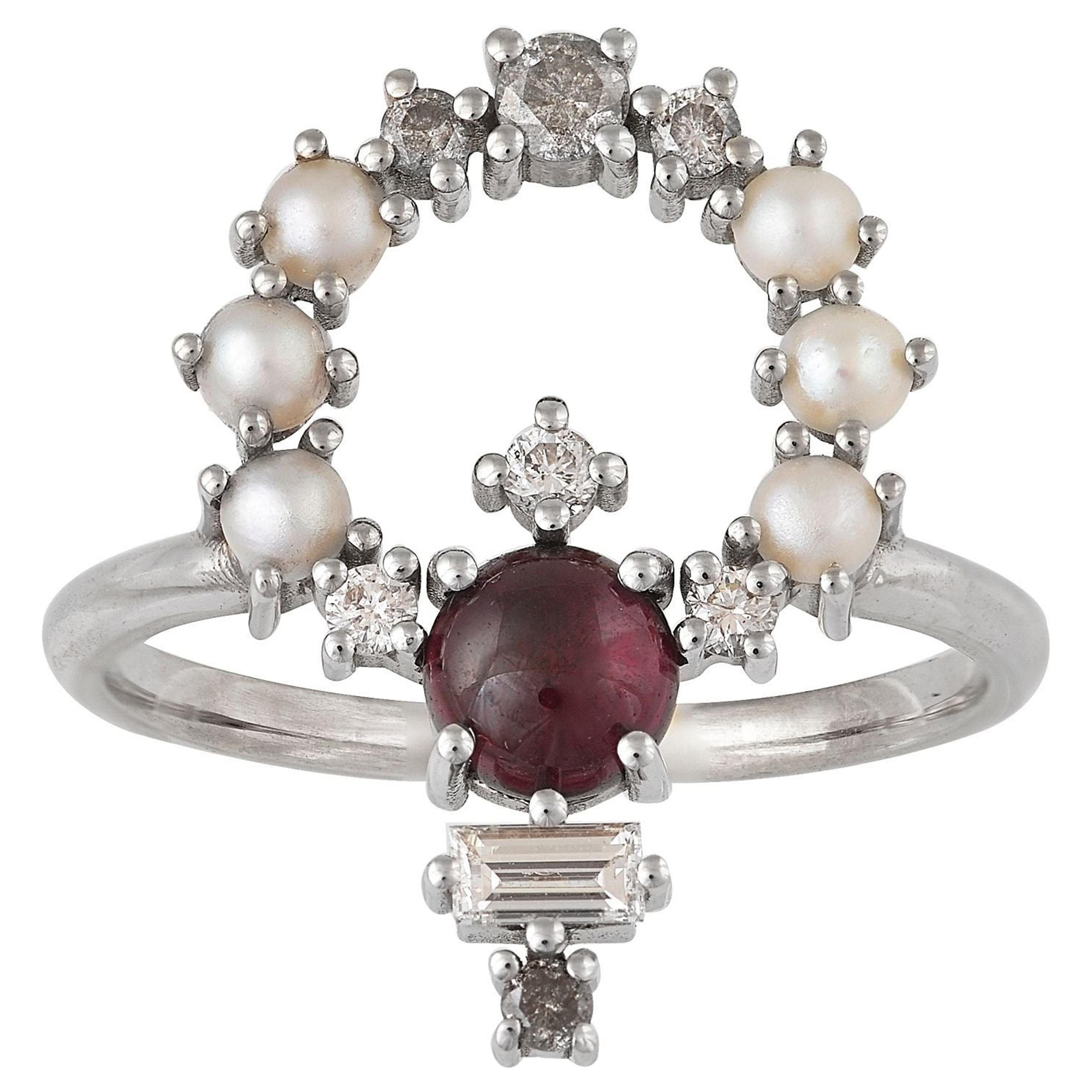 Colorful 18 Karat Gold Ring with Diamonds, Garnets, Pearls
