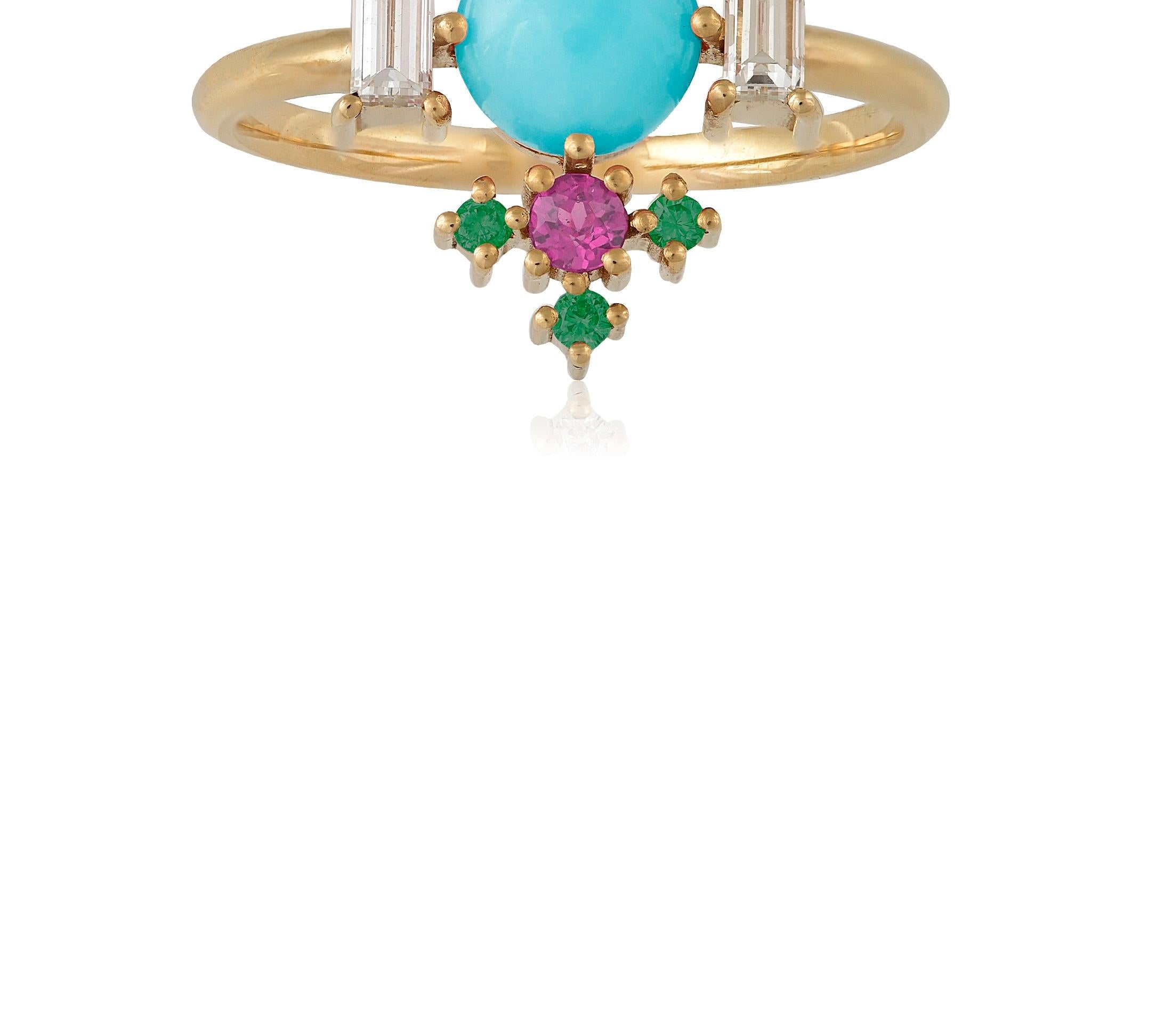 Designer: Alexia Gryllaki
Dimensions: L18x21mm
Ring Size UK P, US 7 3/4
Weight: approximately 4.0g  
Barcode: OFS059

Multi-stone ring in 18 karat yellow gold with a round cabochon stab. turquoise approx. 0.55cts, round faceted pink sapphires