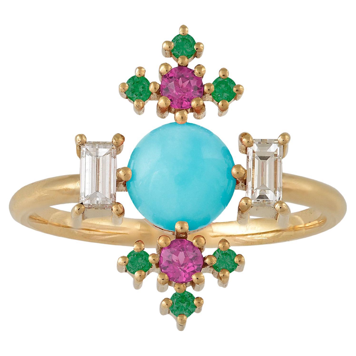Colorful 18 Karat Gold Ring with Diamonds, Pink Sapphires, Emeralds, Turquoise