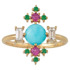 Colorful 18 Karat Gold Ring with Diamonds, Pink Sapphires, Emeralds, Turquoise