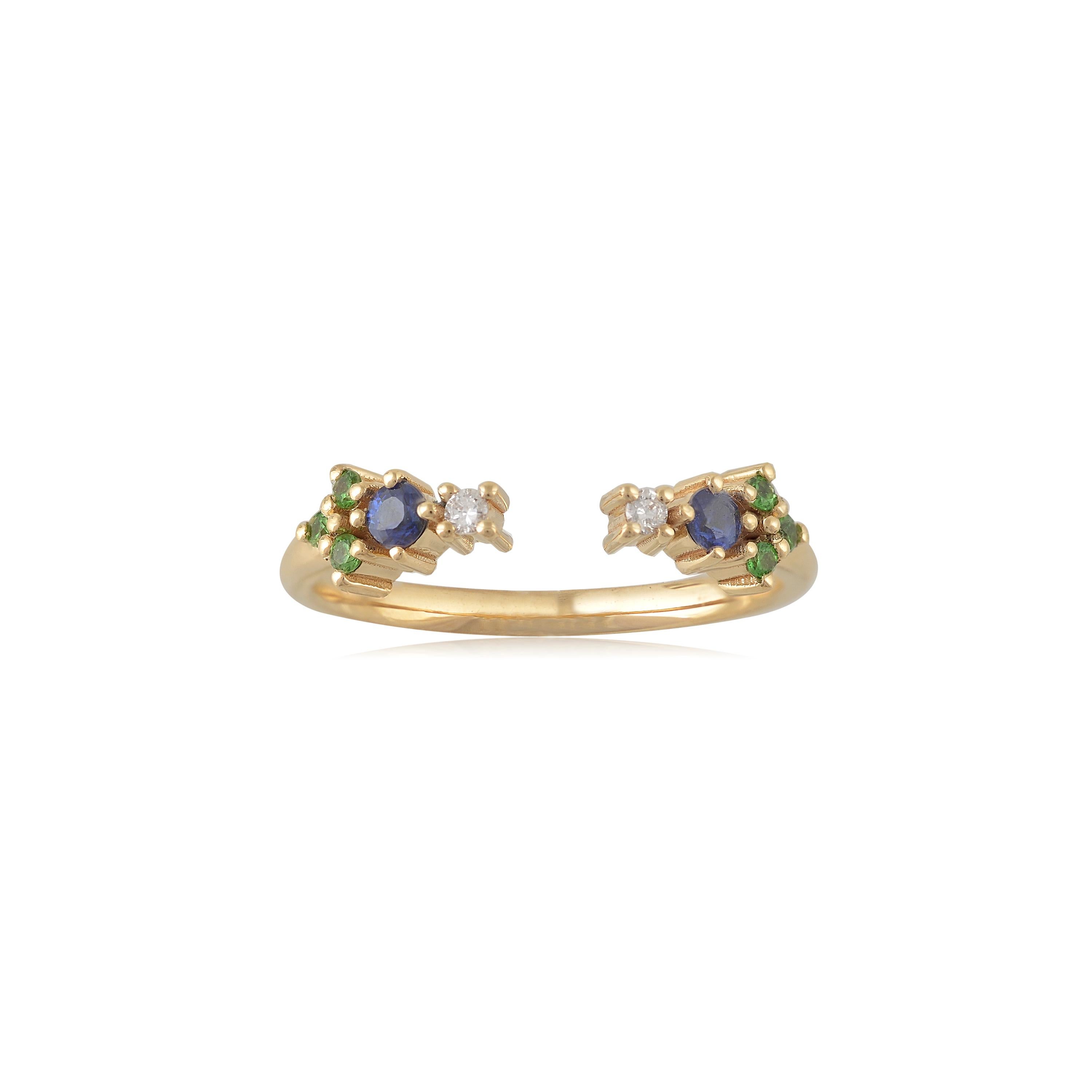Designer: Alexia Gryllaki
Dimensions: L5x18mm
Ring Size UK I 1/2, US 4 1/2
Weight: approximately 1.9g  
Barcode: OFS025

Multi-stone ring in 18 karat yellow gold with round faceted sapphires approx. 0.09cts, round faceted tsavorites approx. 0.05cts