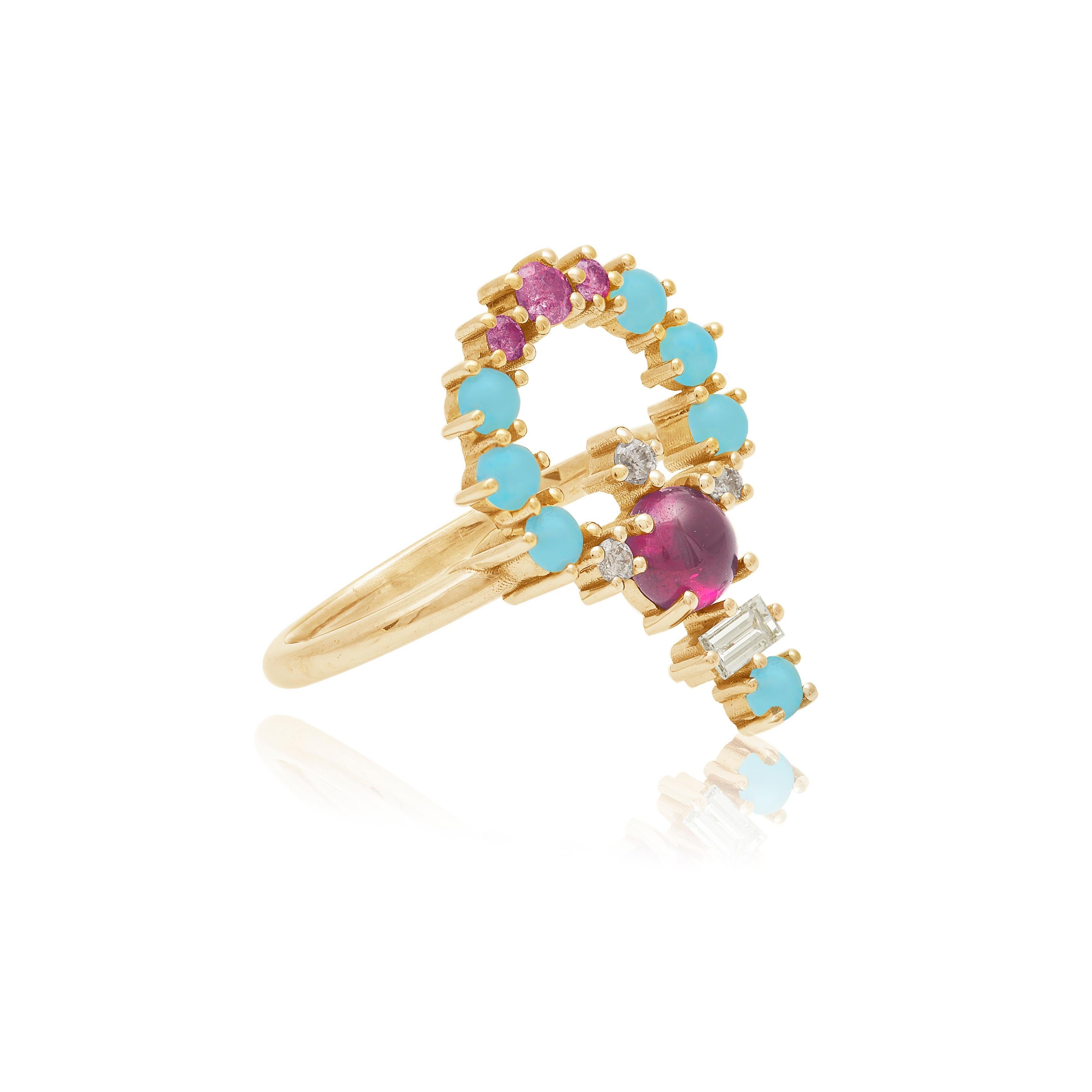 Designer: Alexia Gryllaki
Dimensions: L20x20mm
Ring Size UK M 1/2, US 6 1/2
Weight: approximately 3.1g  
Barcode: OFS048

Multi-stone ring in 18 karat yellow gold with a round cabochon fuchsia tourmaline approx. 0.40cts, round faceted pink sapphires