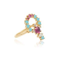 Colorful 18 Karat Gold Ring with Pink Sapphires, Diamonds and Turquoise