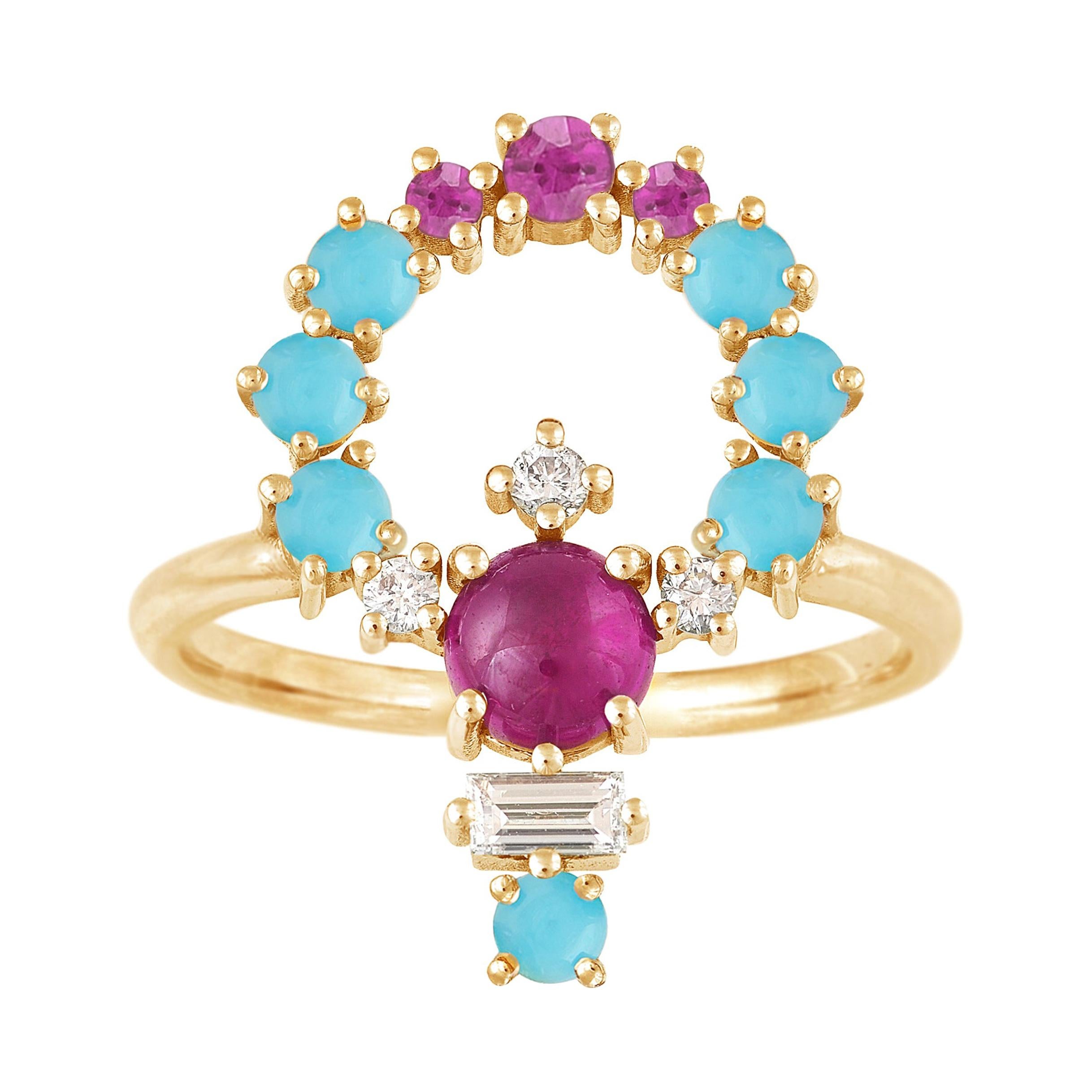 Colorful 18 Karat Gold Ring with Pink Sapphires, Diamonds and Turquoise