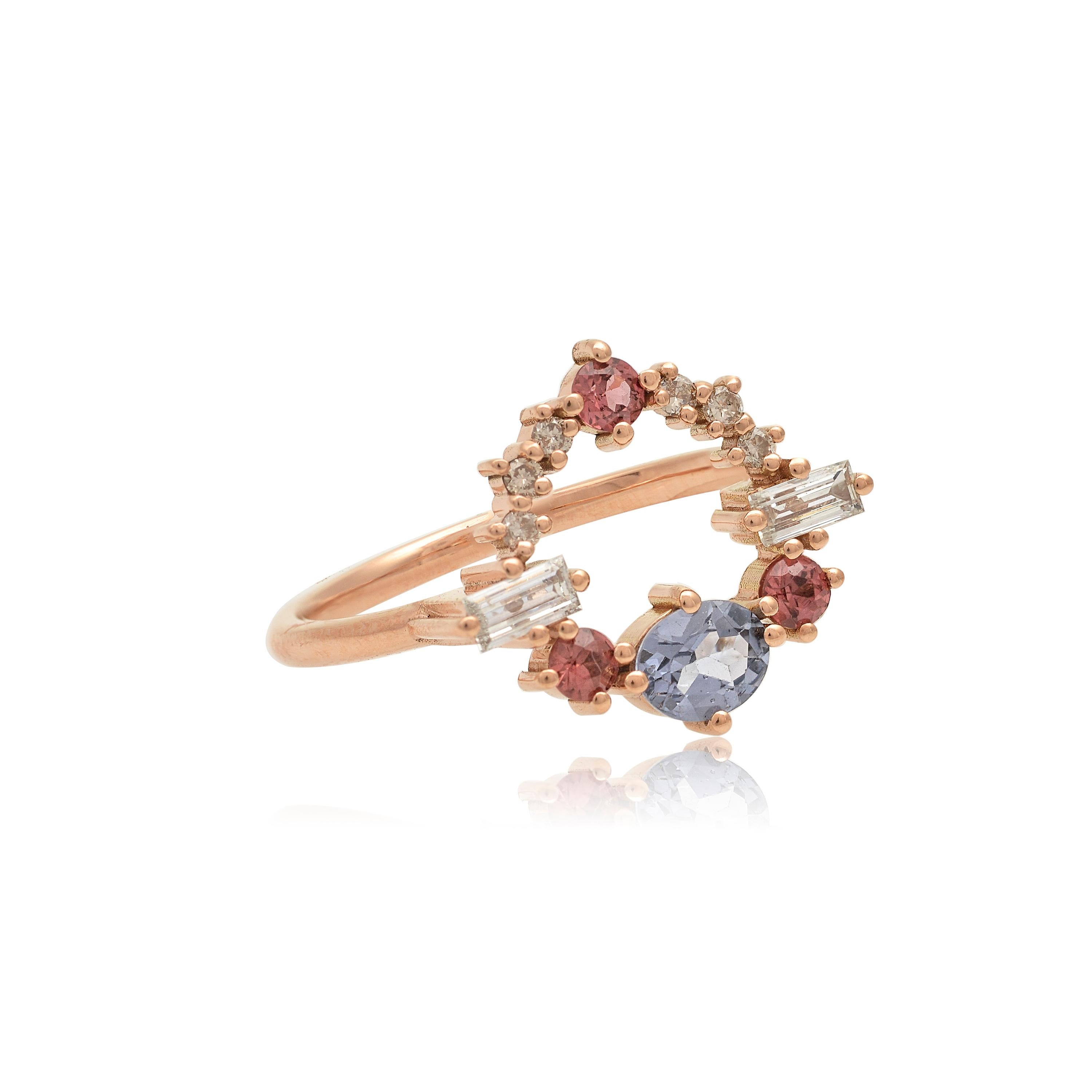 Designer: Alexia Gryllaki
Dimensions: L16x21mm
Ring Size UK P 1/2, US 8
Weight: approximately 3.3g  
Barcode: OFS039

Multi-stone ring in 18 karat rose gold with an oval faceted lilac spinel approx. 0.38cts, round faceted garnets approx. 0.25cts,