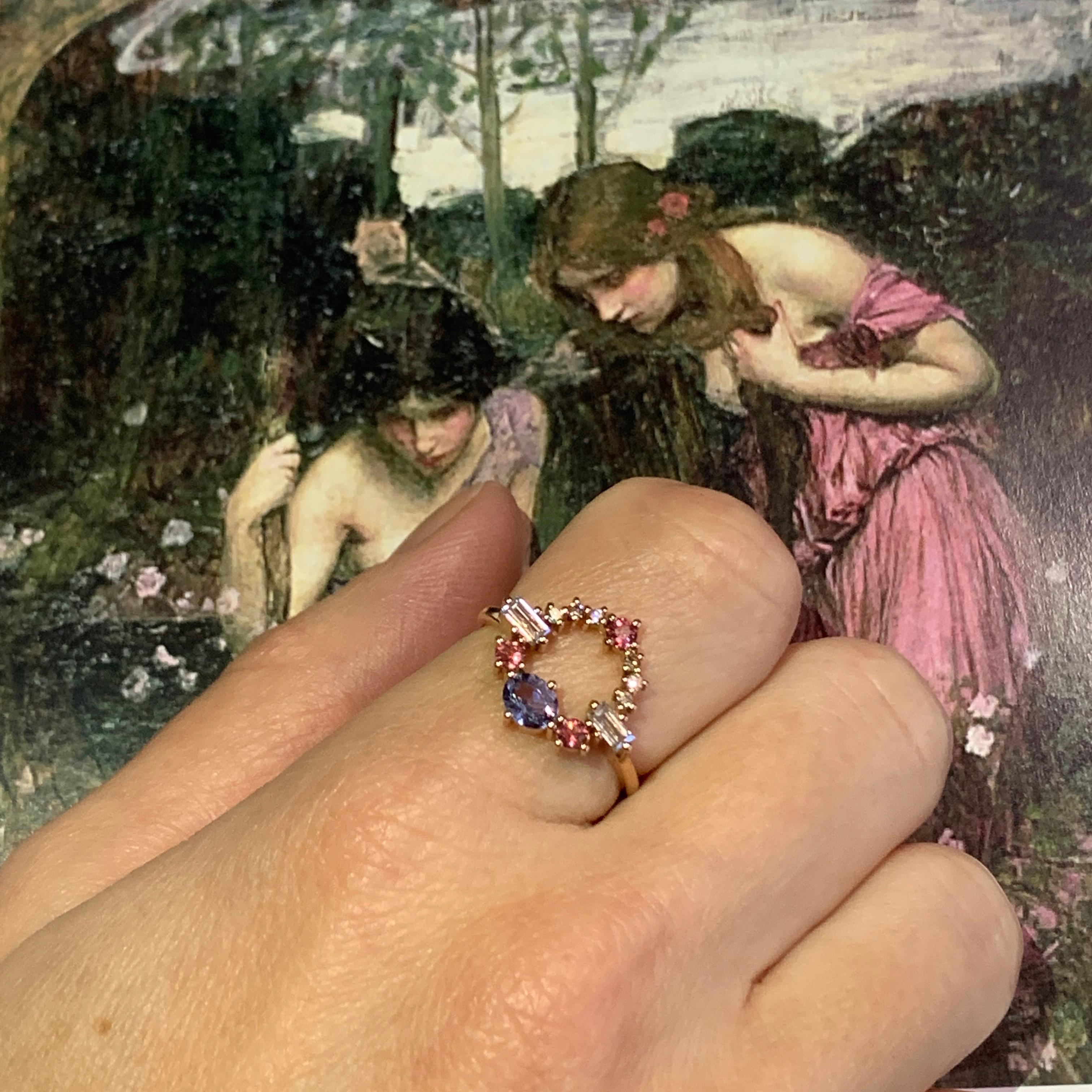Women's Colorful 18 Karat Gold Ring with Spinel, Garnet, Diamonds