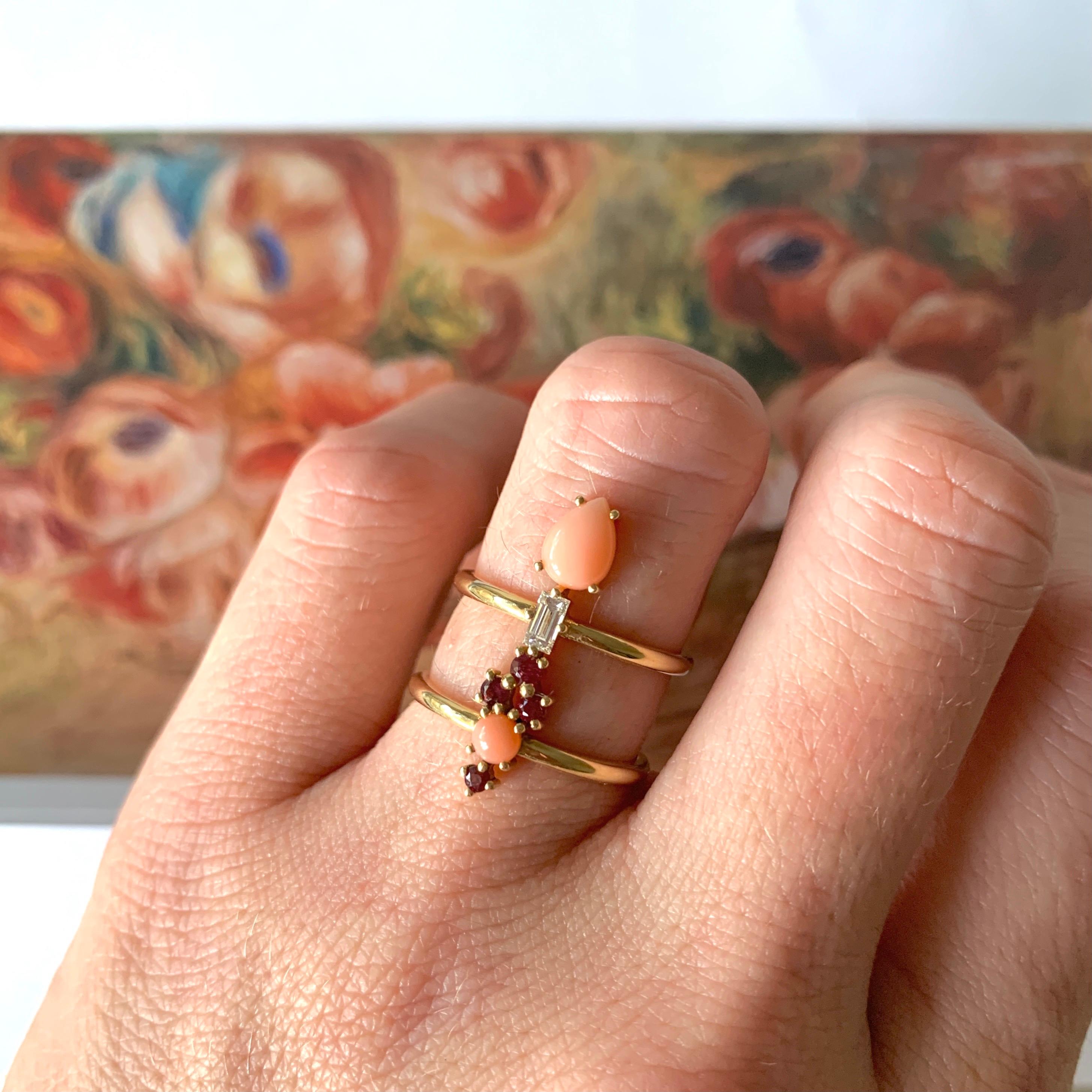 Women's Colorful 18 Karat Gold Ring with Spinels, Corals and a Baguette Diamond