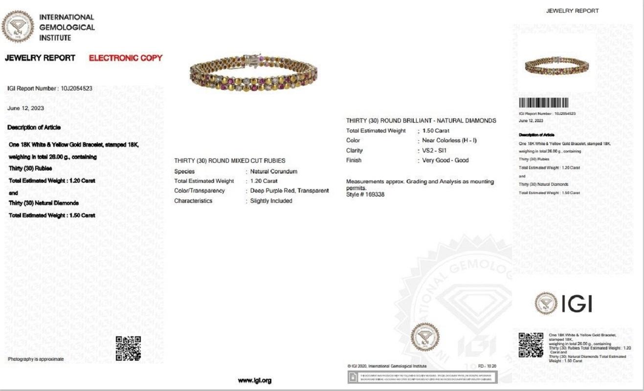 A glamorous and one of a kind bracelet with dazzling 1.2-carat round mixed cut natural rubies and 1.5 carat of side diamonds. It is made of 18K White & Yellow Gold with a high-quality polish. It comes with IGI certificate and a nice jewelry box.

30
