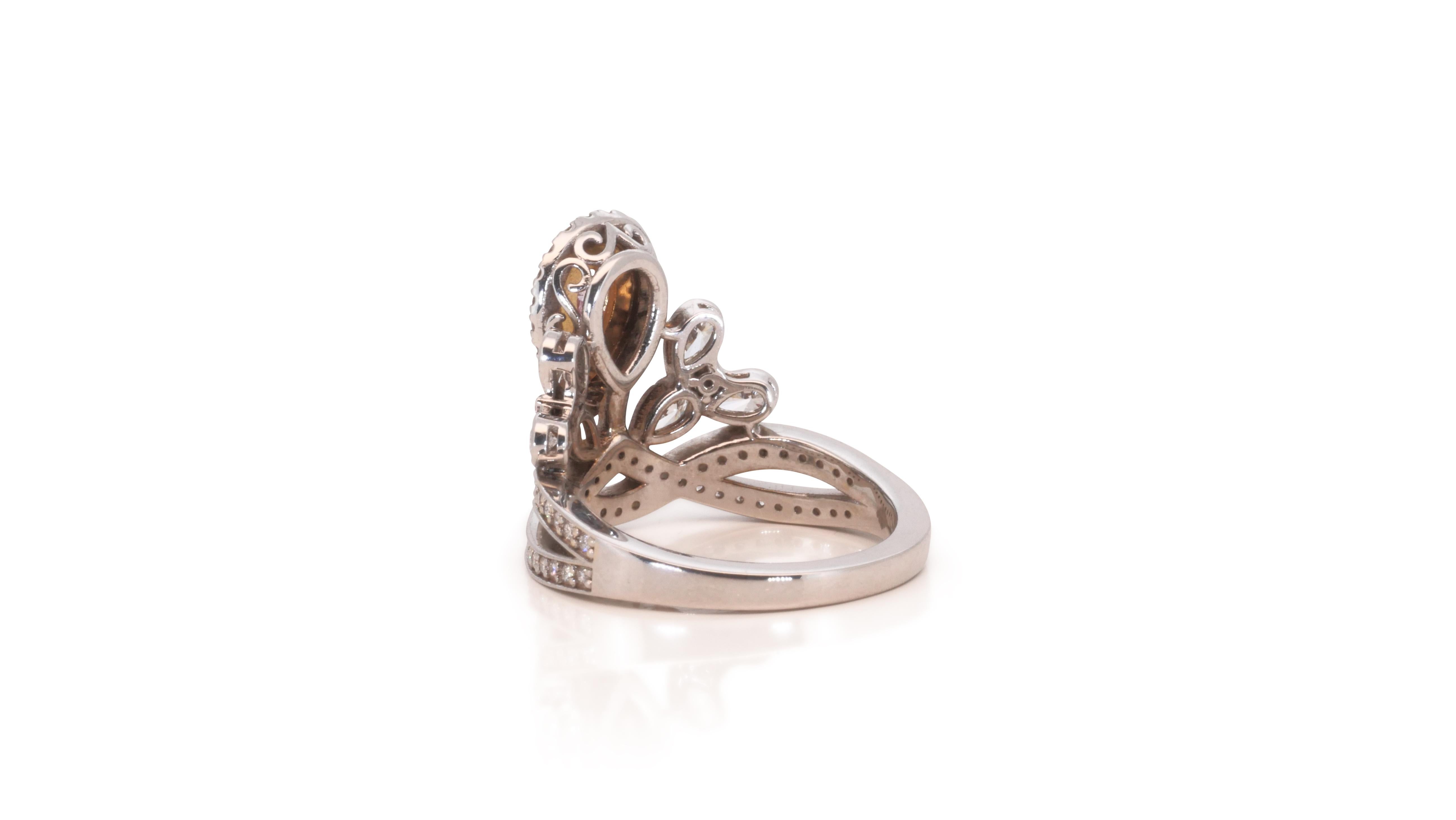 Pear Cut Colorful 18k White Gold Halo Crown Ring with 1.64 Carat Natural Diamonds For Sale
